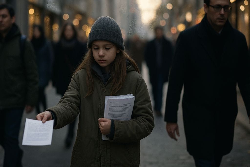a girl holding papers in a city