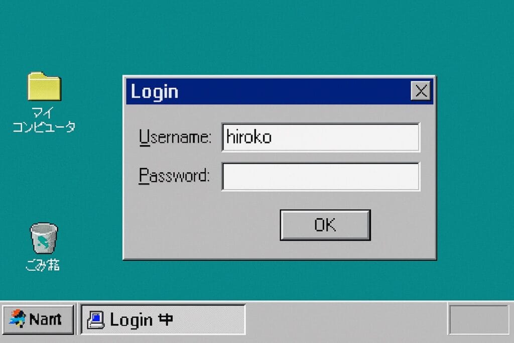 認証、インターネット老人会プログラマーのWindows95風ログイン画面